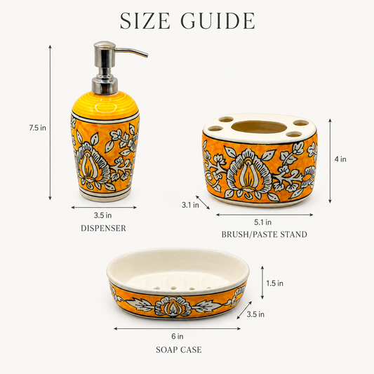 Yellow Ceramic Bathroom Set with Soap Dispenser | 3 Piece Floral Bath Accessory Set