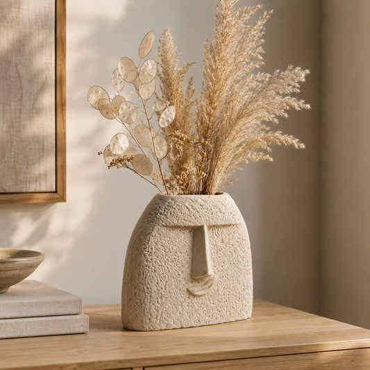Tall Abstract Face Ceramic Vase – Textured Beige Modern Home Décor Vase | 6.5 Inch