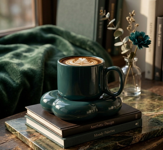 Dark Teal Ceramic Cup & Saucer Set | Aesthetic Coffee Mug | Minimalist Tea Set | Premium Drinkware