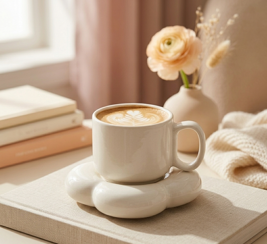 Pastel White Ceramic Cup & Saucer Set | Aesthetic Coffee Mug | Minimalist Tea Set | Elegant Drinkware
