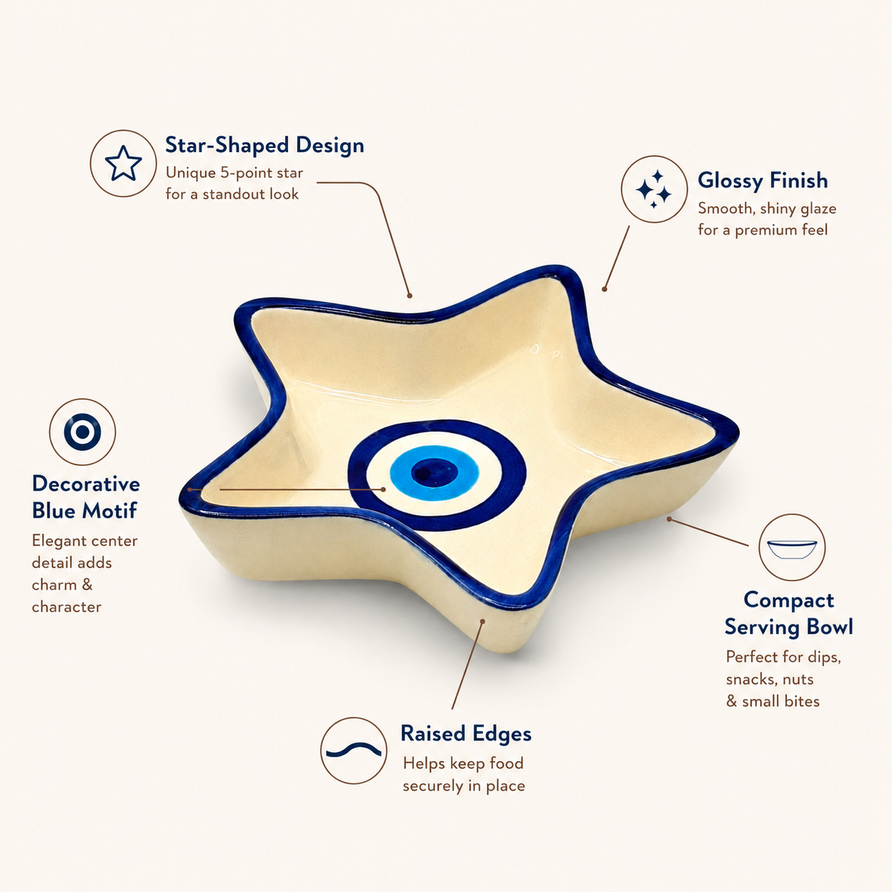 Evil Eye Star Shaped Ceramic Bowl | Blue Nazar Decorative Snack & Serving Bowl