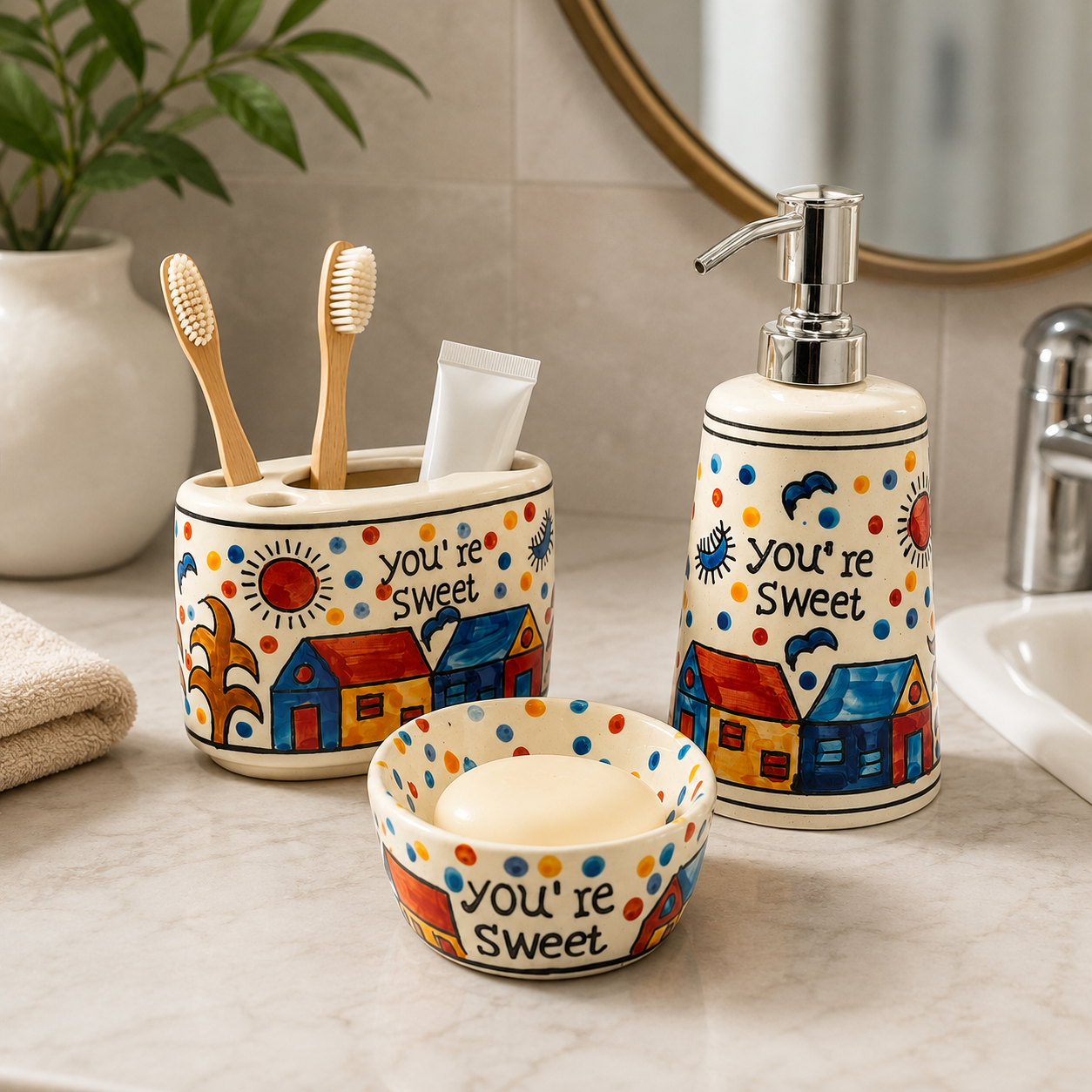 You’re Sweet Ceramic Bathroom Set | 3 Piece Cute Bathroom Accessories with Soap Dispenser