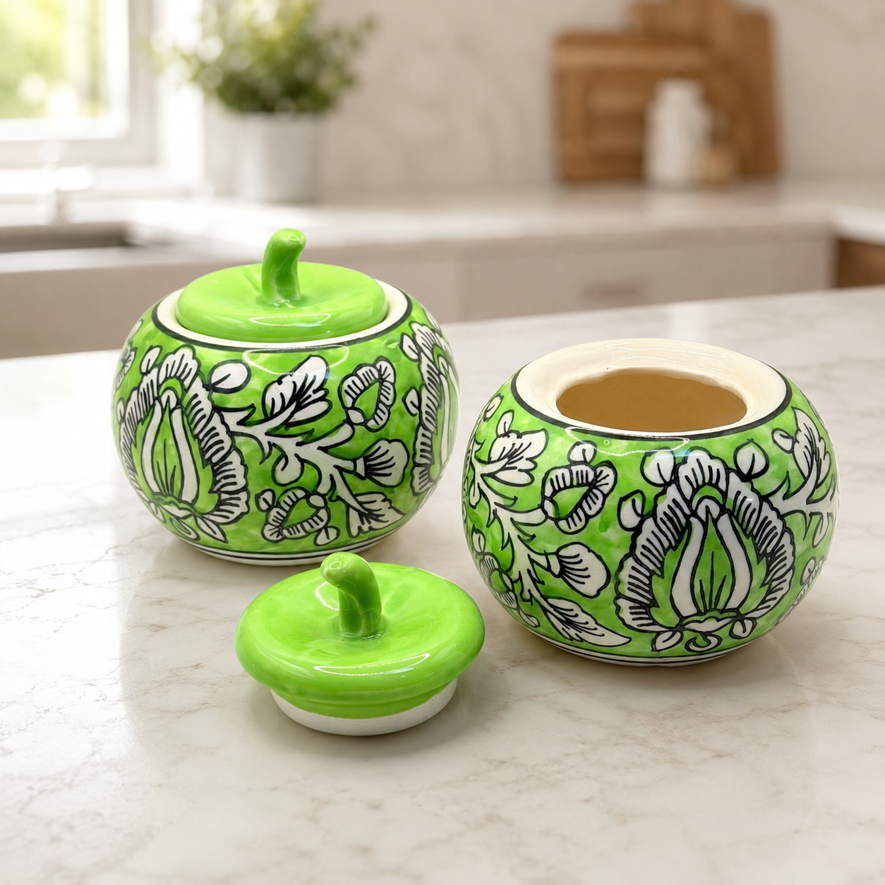 Handcrafted Ceramic Apple Jar Set of 2 – Green Floral Design with Lid | Decorative Kitchen Storage Jar