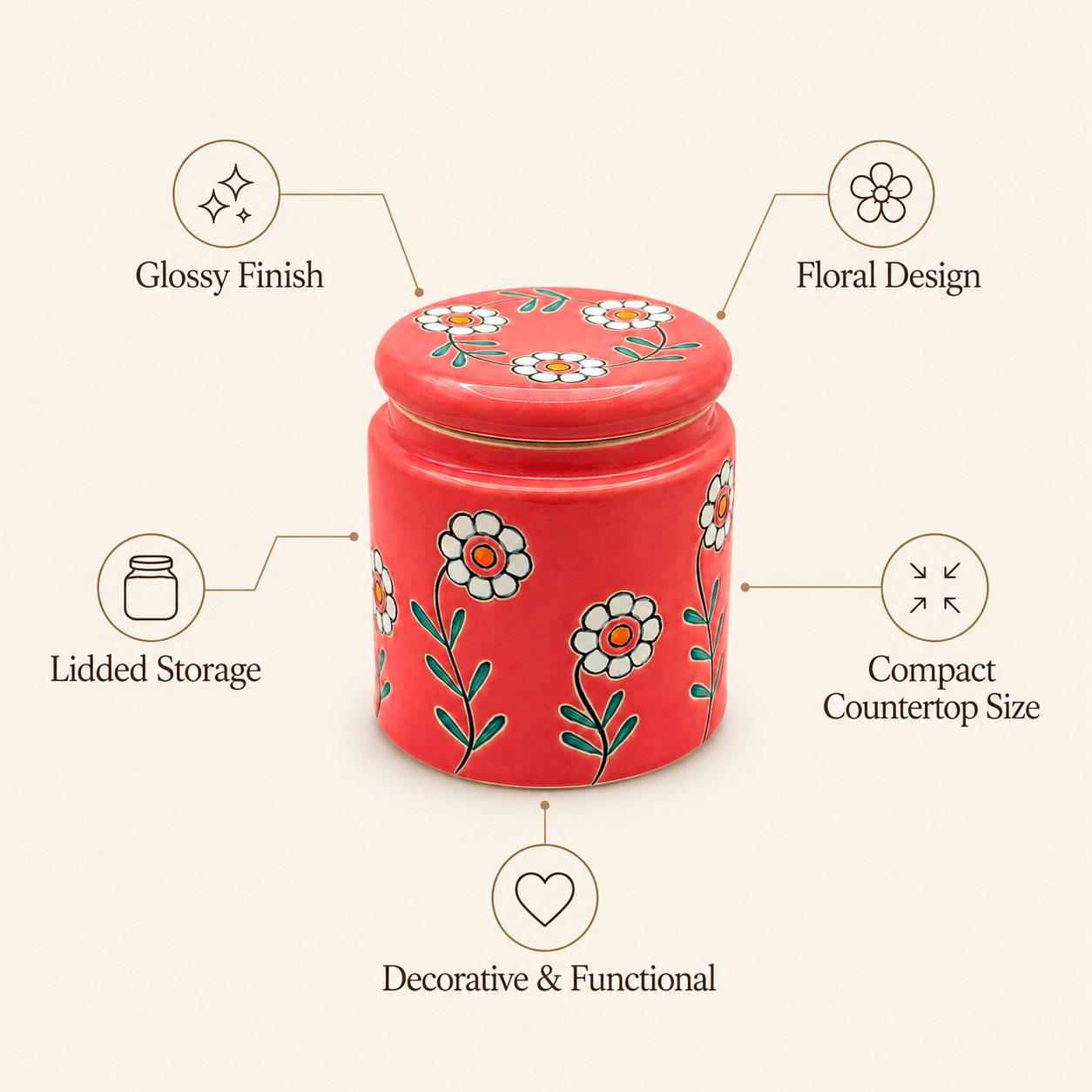 Red Floral Ceramic Storage Jar with Lid | Decorative Kitchen Container for Tea, Coffee, Sugar & Dry Snacks