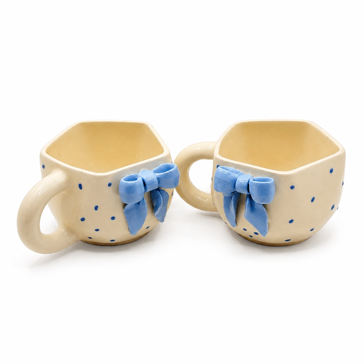 Blue Bow Ceramic Mug Set of 2 | Aesthetic Polka Dot Coffee & Tea Cups | Cute Designer Mugs