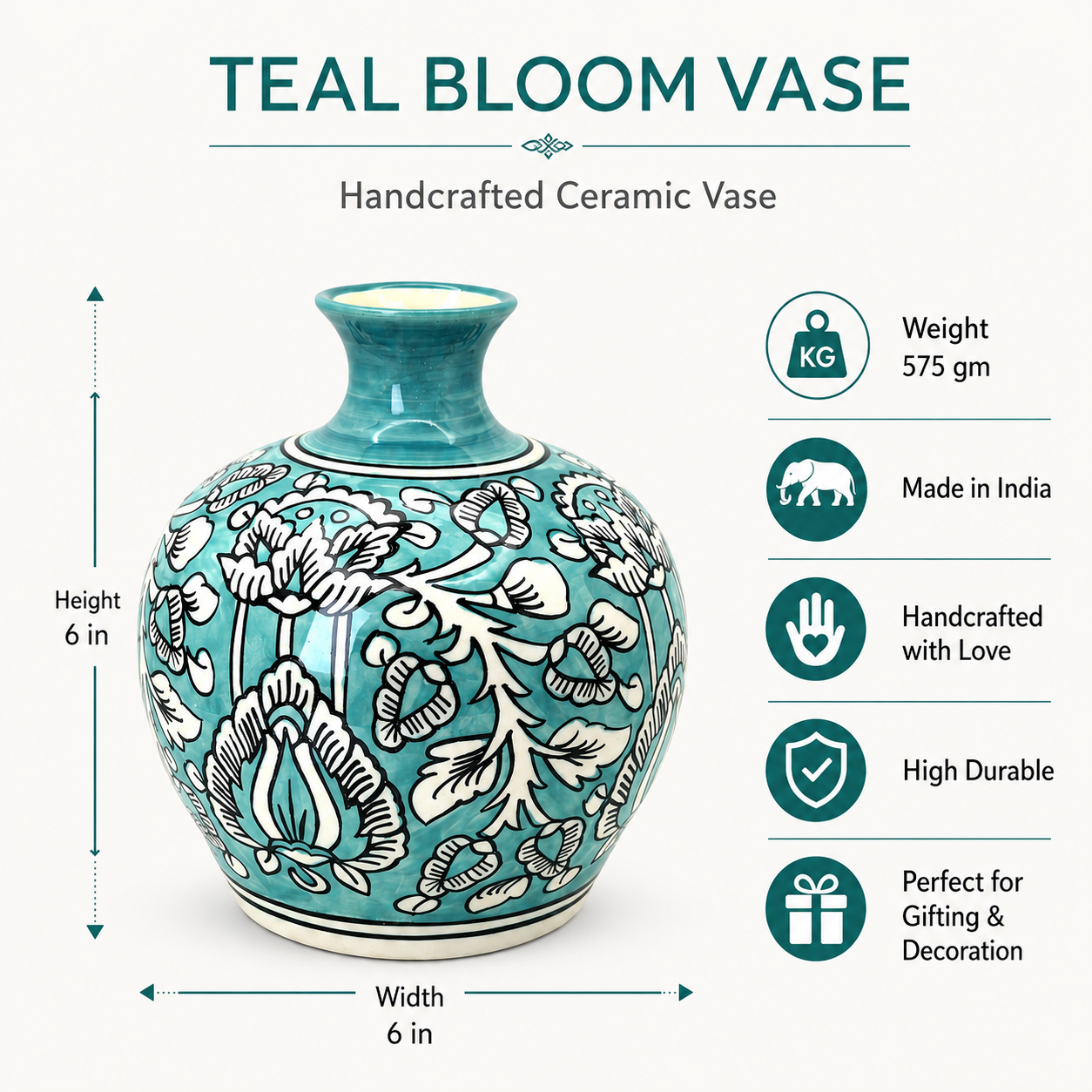 Aqua Bloom Teal Ceramic Flower Vase for Home Decor