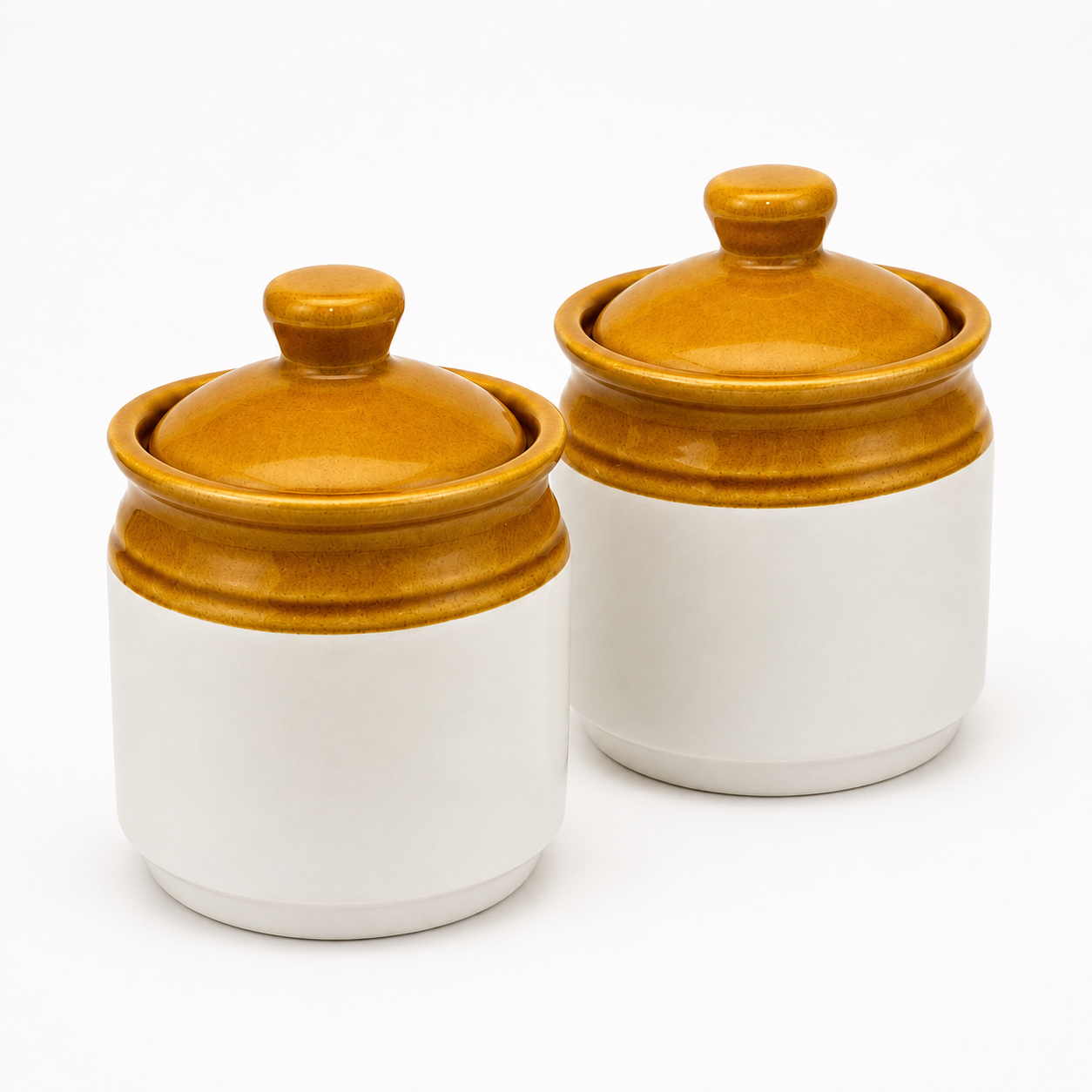 Ceramic Storage Jars with Lids Set of 2 | Mustard & White Kitchen Jars for Tea, Coffee, Sugar & Spices