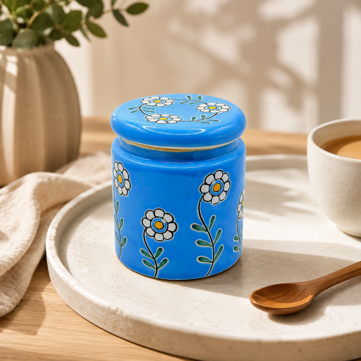 Blue Floral Ceramic Storage Jar with Lid | Decorative Kitchen & Pantry Container