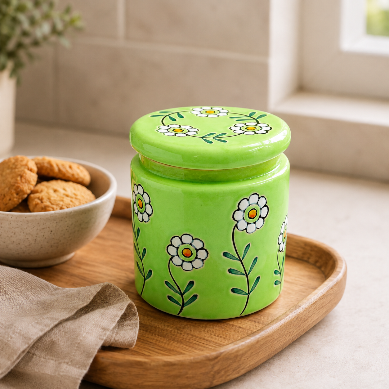Green Floral Ceramic Storage Jar with Lid | Decorative Kitchen Container for Tea, Coffee, Sugar & Dry Snacks