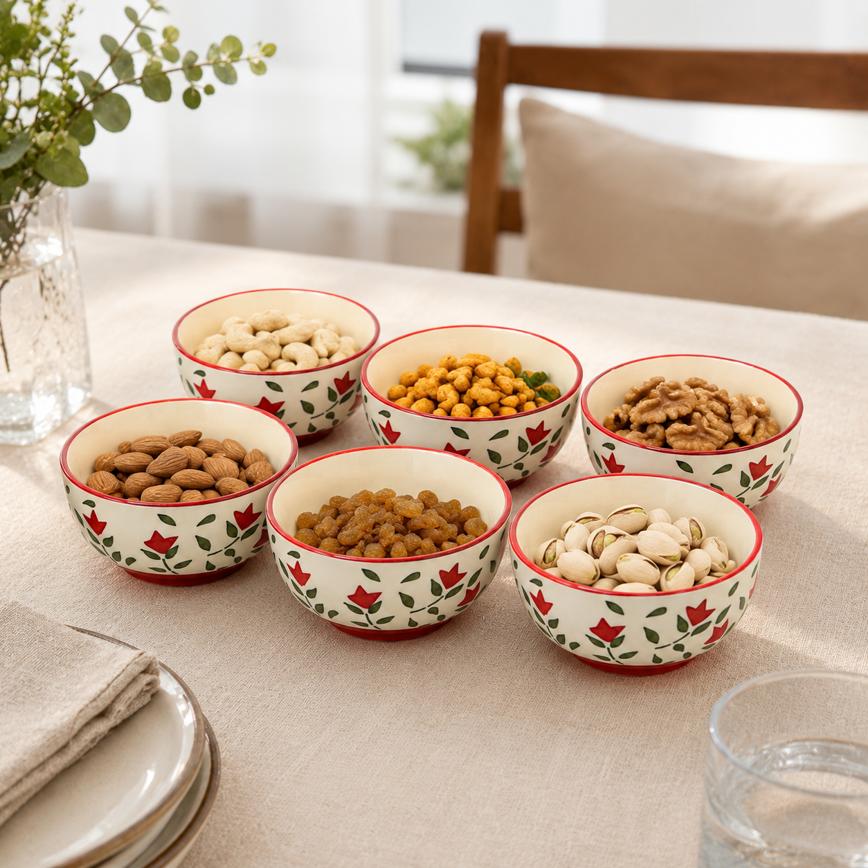 Hand-Painted Floral Ceramic Bowls Set of 6 | 3-Inch Small Serving Bowls for Chutney, Dips, Snacks & Desserts