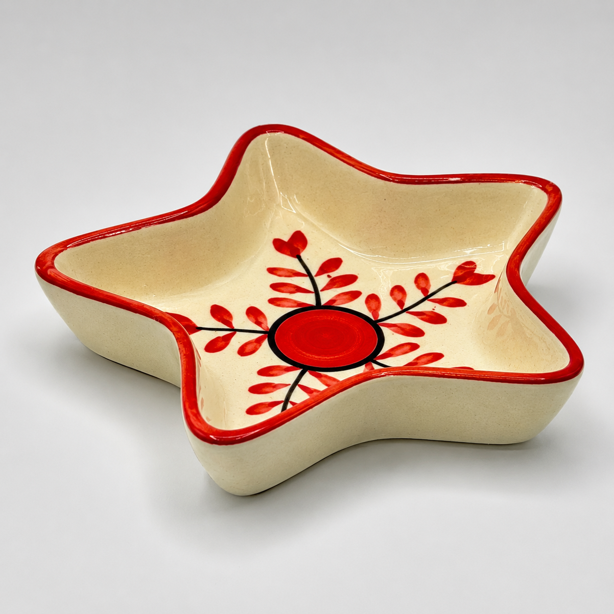 Red Botanical Star Shaped Ceramic Bowl | Decorative Snack & Serving Dish