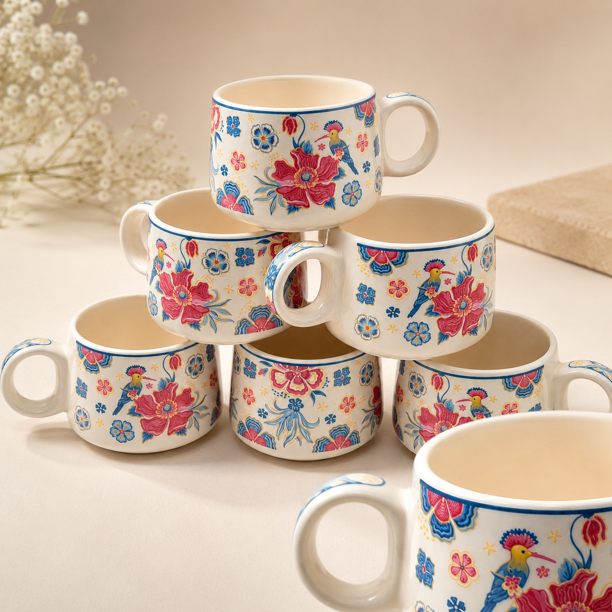 Floral Bird Ceramic Cup Set of 6 | 180 ml Hand-Painted Tea & Coffee Cups | Decorative 6-Piece Cup Set