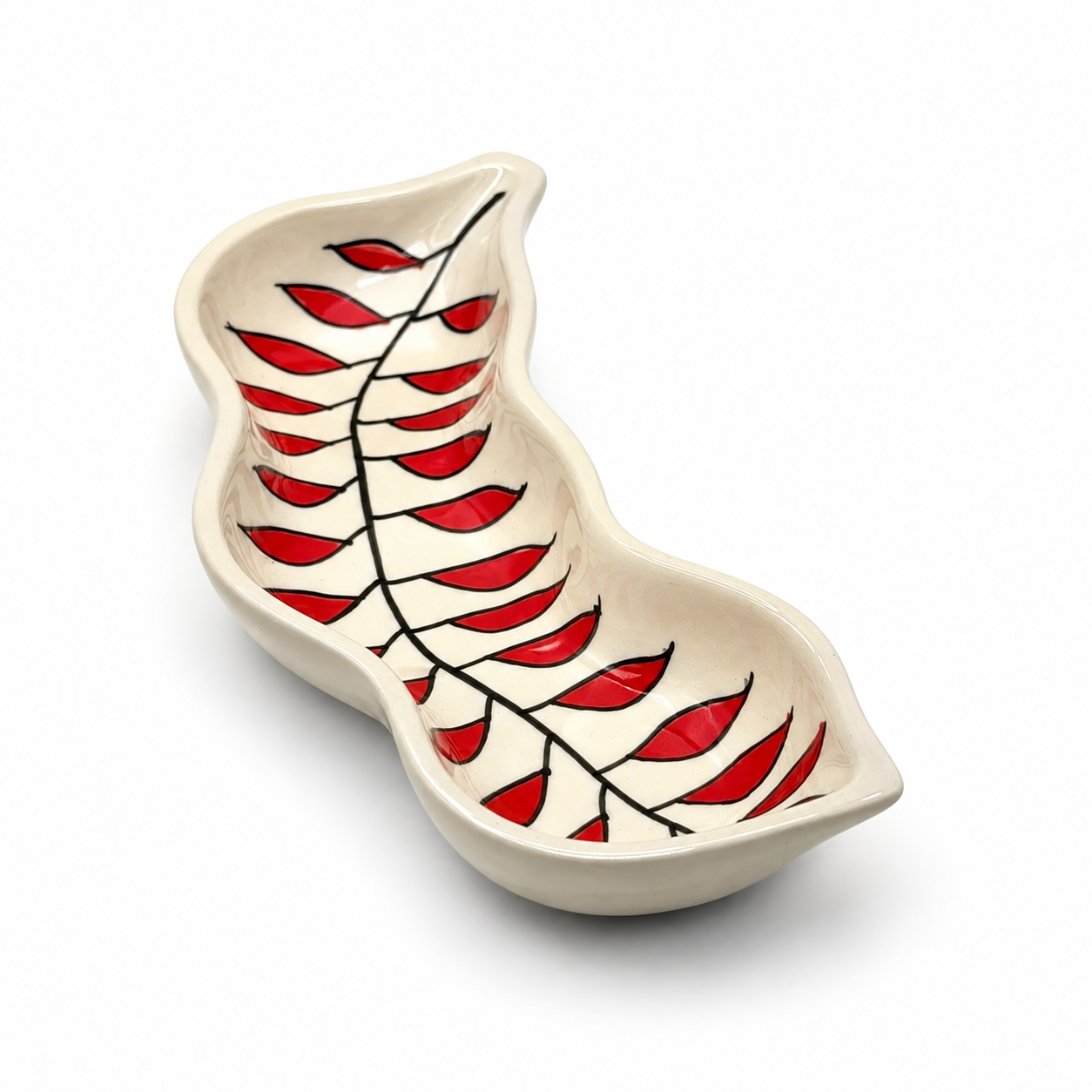 Red Leaf Tamarind Shaped Ceramic Serving Platter | Hand-Painted Snack & Appetizer Dish