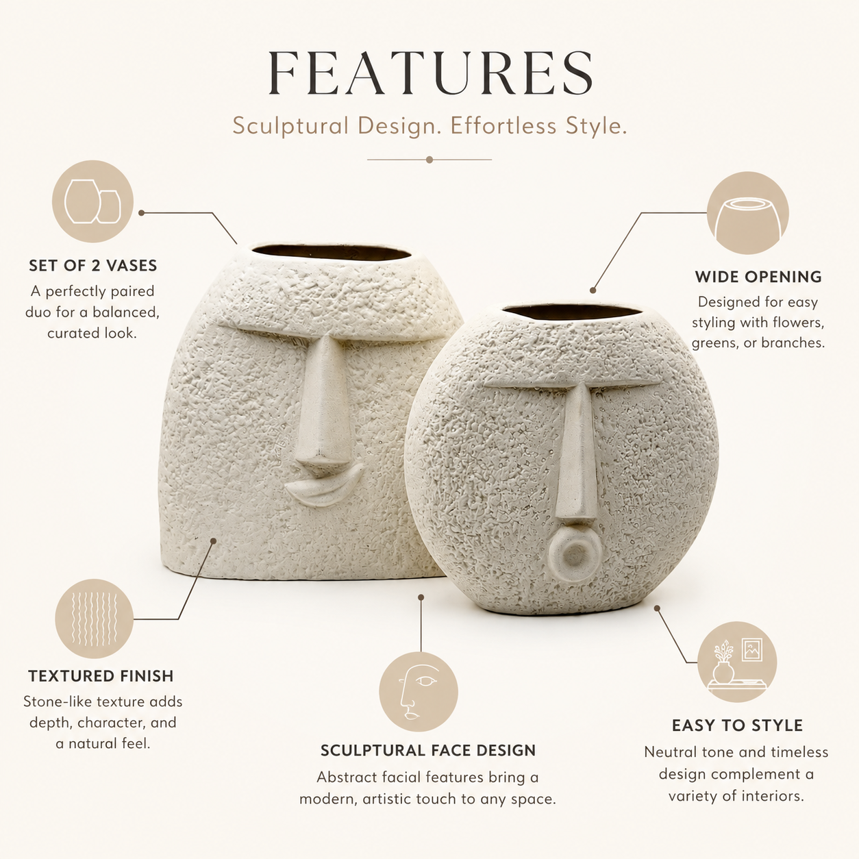 Abstract Face Ceramic Vase Set of 2 – Textured Beige Modern Home Décor Showpieces