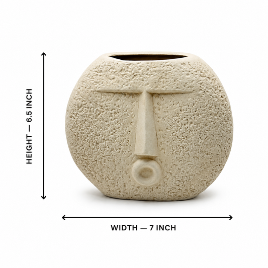 Abstract Face Ceramic Vase – Round Textured Beige Decorative Planter | 7 Inch