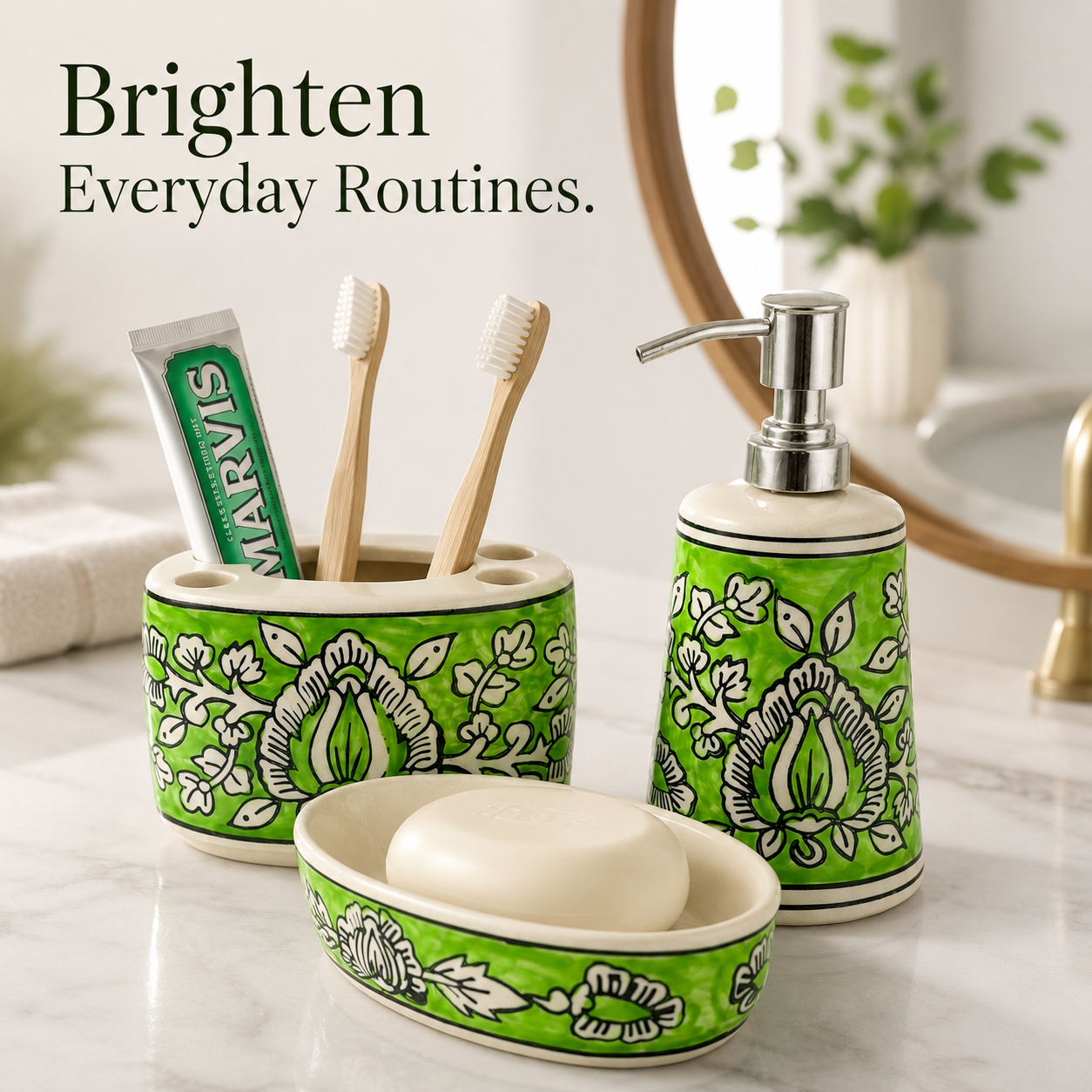 Green Floral Ceramic Bathroom Accessory Set | Soap Dispenser, Brush Holder & Soap Case