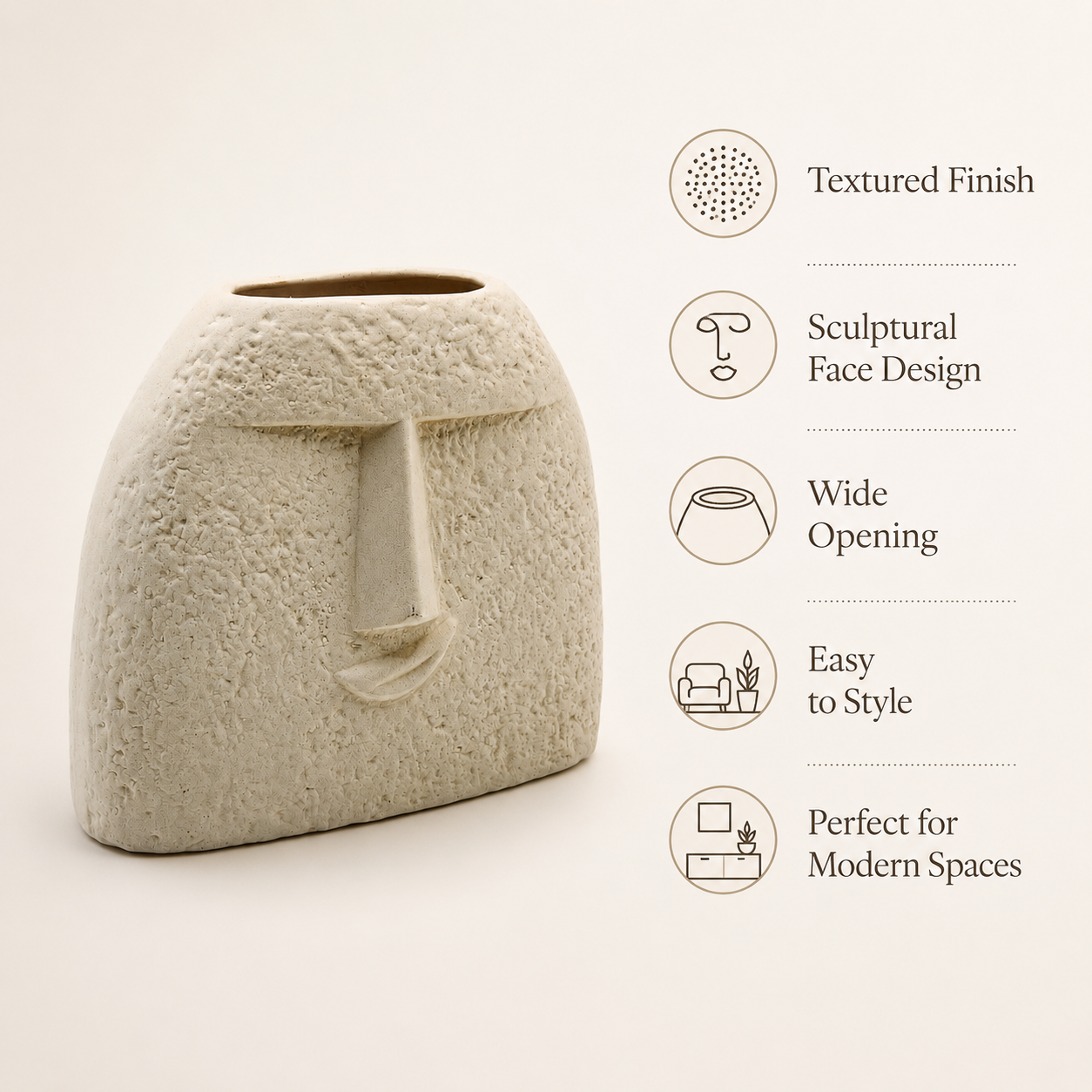 Tall Abstract Face Ceramic Vase – Textured Beige Modern Home Décor Vase | 6.5 Inch