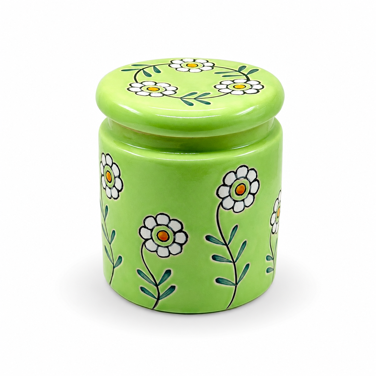 Green Floral Ceramic Storage Jar with Lid | Decorative Kitchen Container for Tea, Coffee, Sugar & Dry Snacks