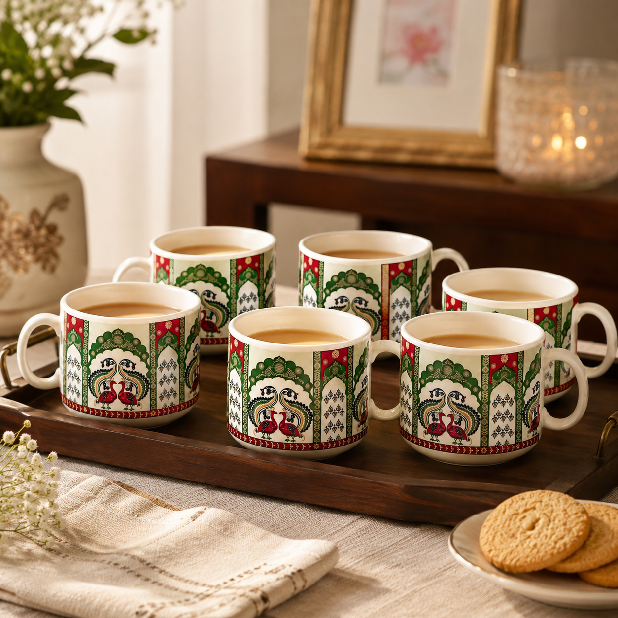 Traditional Peacock Design Ceramic Cup Set of 6 | Designer Tea & Coffee Cups | Ethnic Printed 6-Piece Cup Set