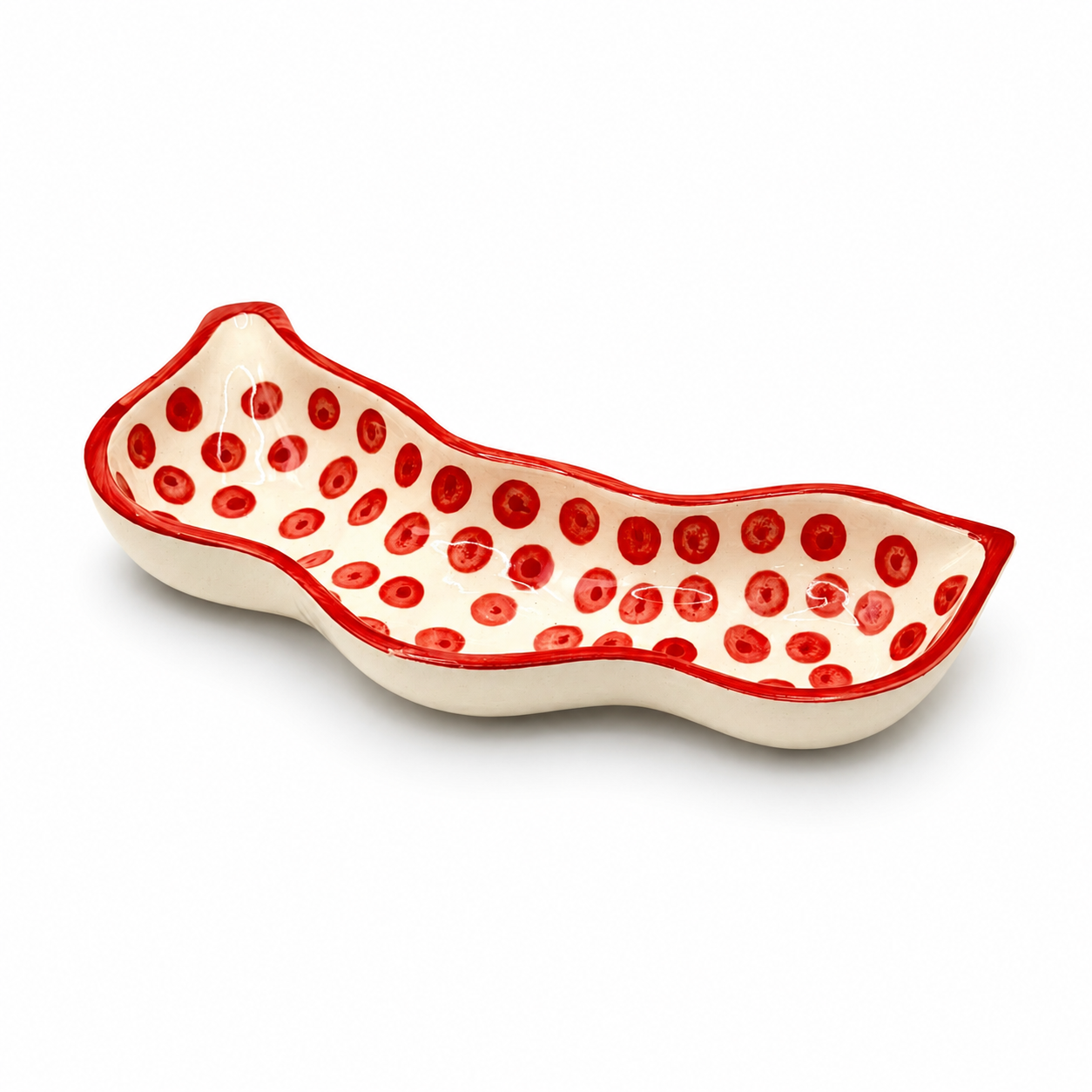 Red Polka Dot Ceramic Serving Platter | Wavy Snack, Appetizer & Dry Fruit Dish