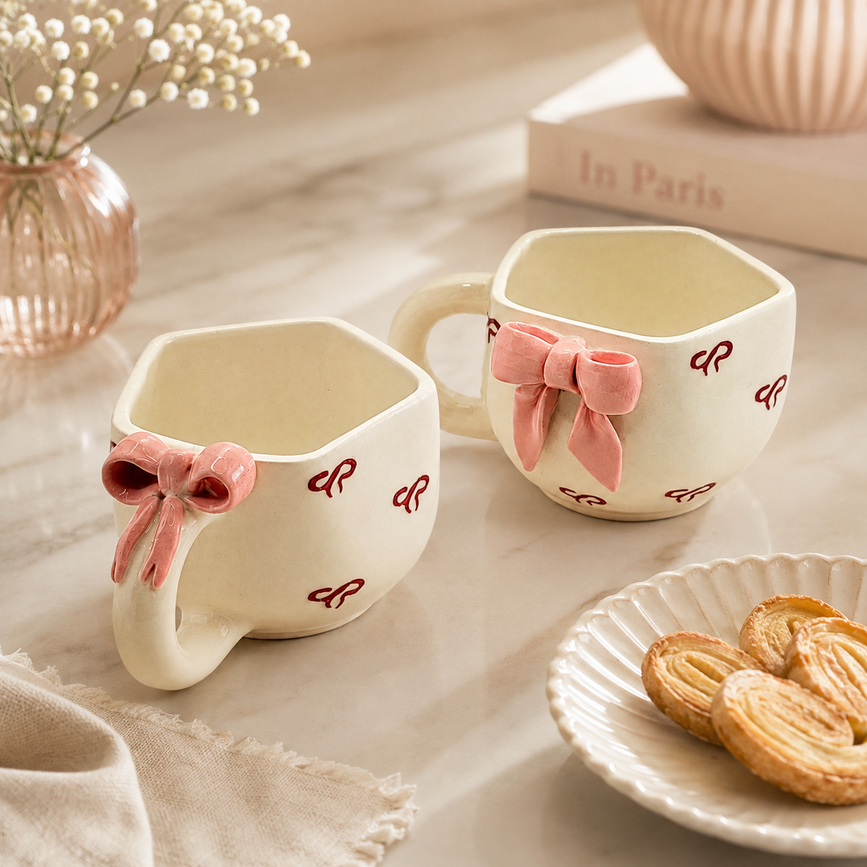 Pink Bow Ceramic Mug Set of 2 | Cute Aesthetic Coffee & Tea Cups | 3.5-Inch Designer Mugs