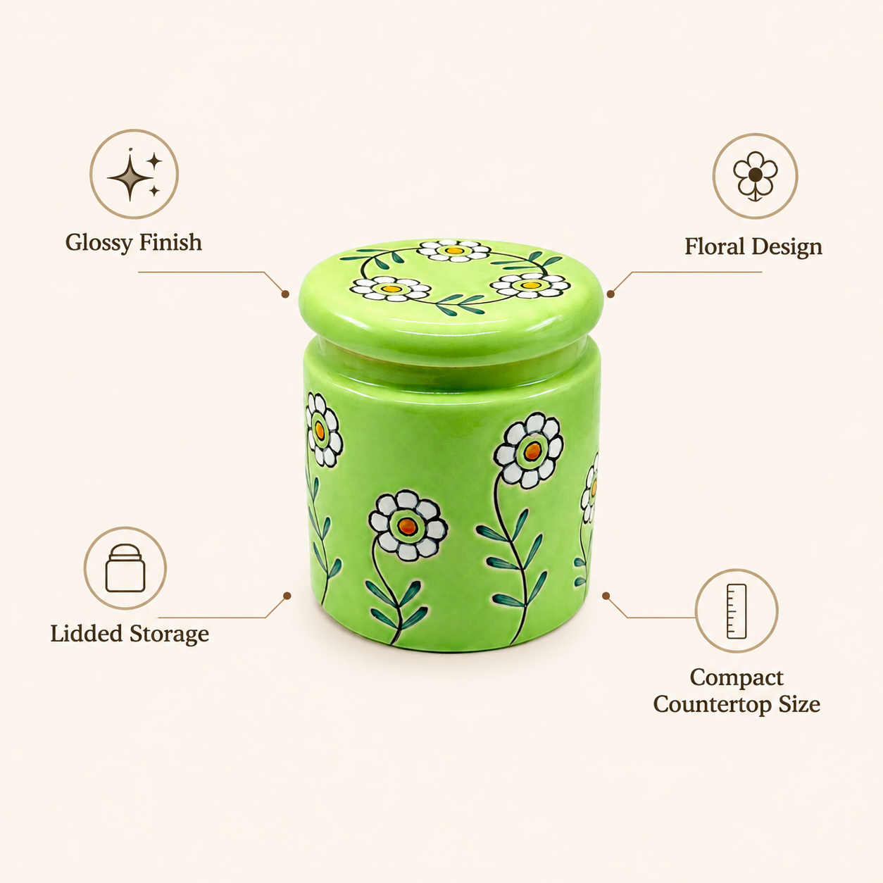 Green Floral Ceramic Storage Jar with Lid | Decorative Kitchen Container for Tea, Coffee, Sugar & Dry Snacks
