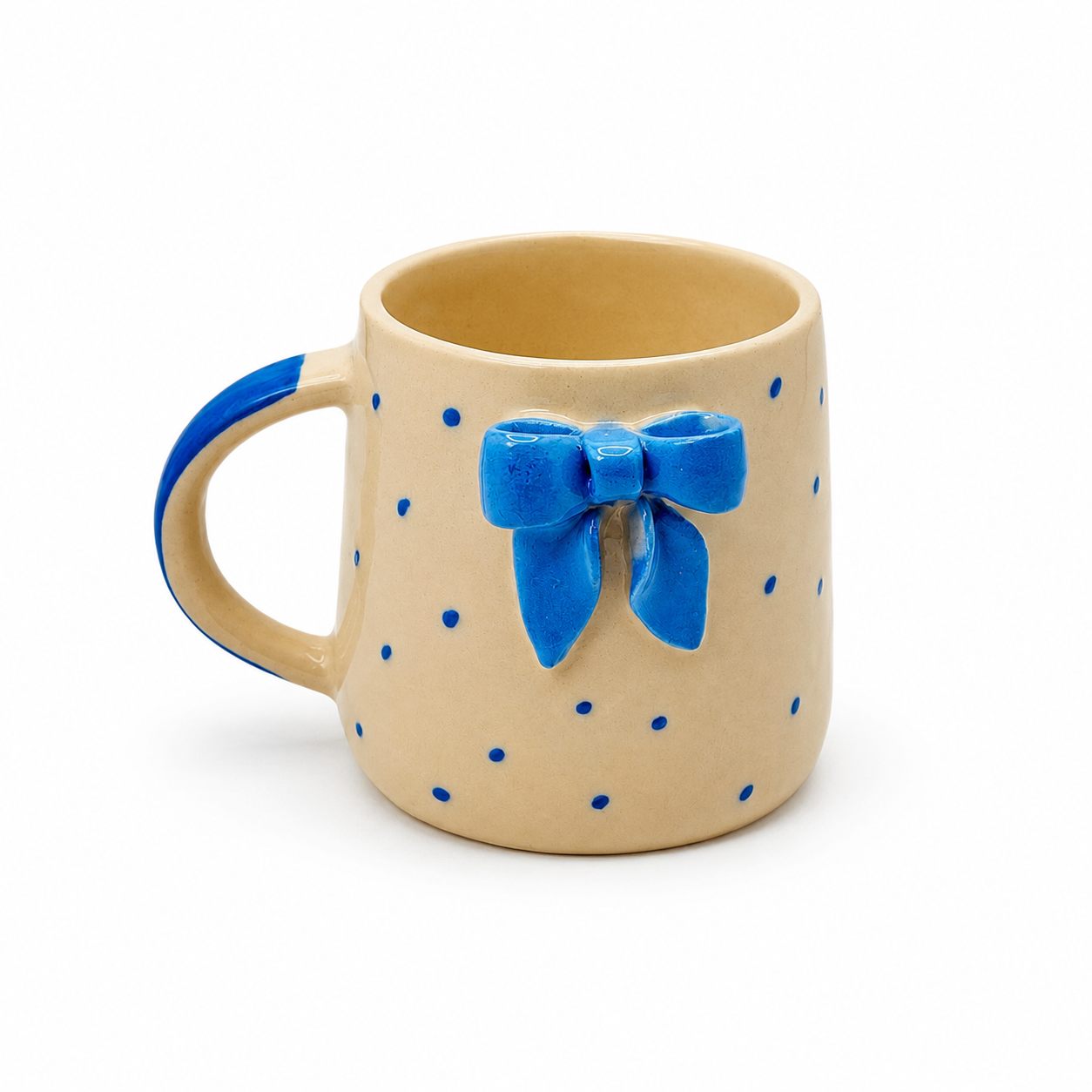 Handcrafted Ceramic Bow Mug – Beige & Royal Blue Polka Dot Coffee Mug