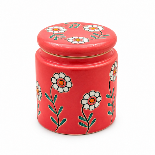 Red Floral Ceramic Storage Jar with Lid | Decorative Kitchen Container for Tea, Coffee, Sugar & Dry Snacks