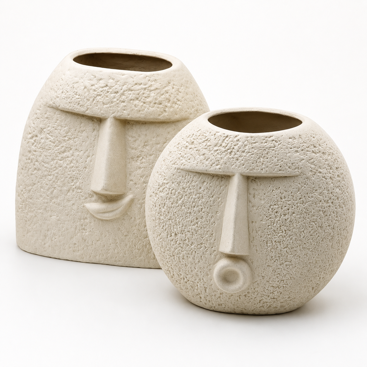Abstract Face Ceramic Vase Set of 2 – Textured Beige Modern Home Décor Showpieces