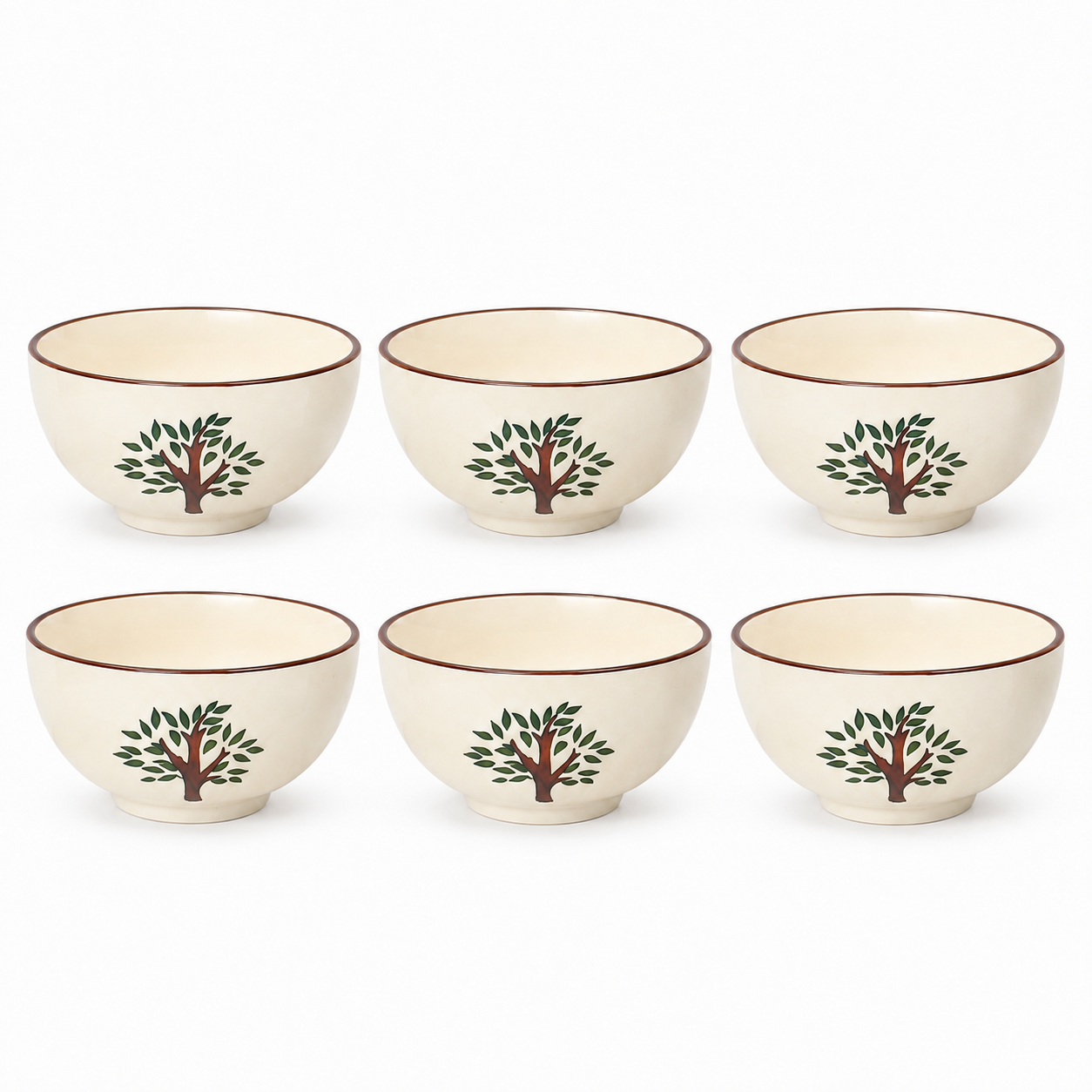 Hand-Painted Tree Design Ceramic Bowls Set of 6 | 3-Inch Small Serving Bowls for Chutney, Dips, Snacks & Desserts