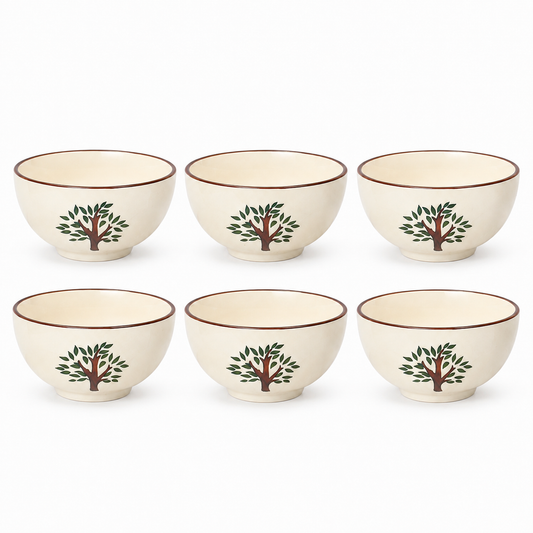 Hand-Painted Tree Design Ceramic Bowls Set of 6 | 3-Inch Small Serving Bowls for Chutney, Dips, Snacks & Desserts
