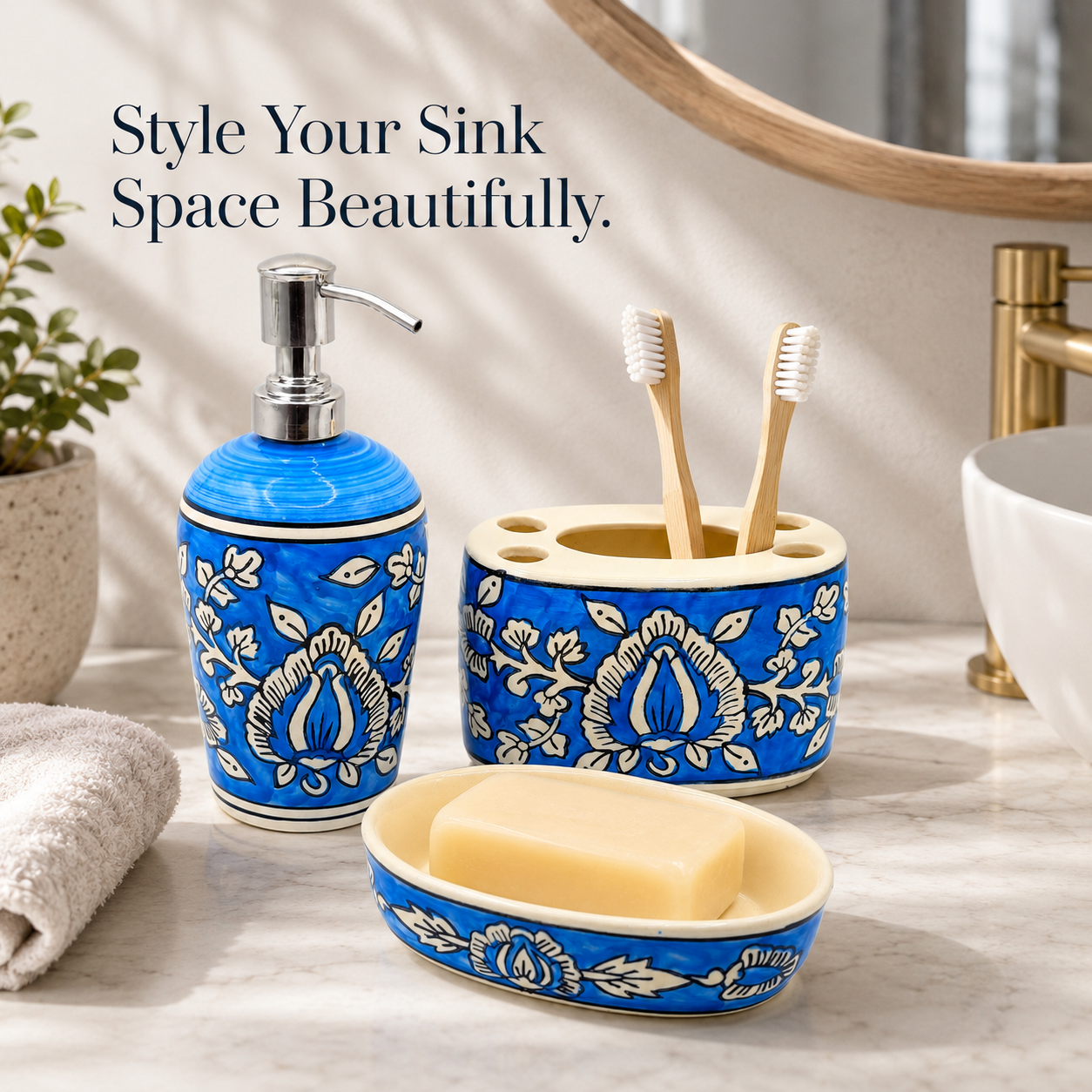 Blue Ceramic Bathroom Set | 3 Piece Bathroom Organizer Set with Dispenser