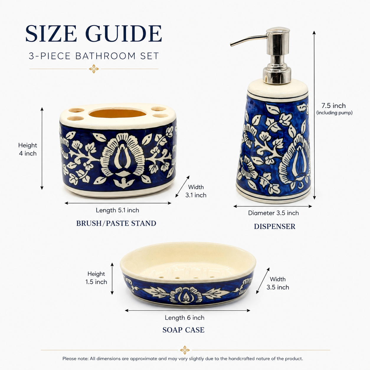 Blue Floral Ceramic Bathroom Accessory Set | 3 Piece Soap Dispenser, Brush Holder & Soap Case