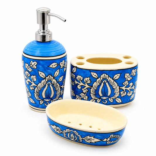 Blue Ceramic Bathroom Set | 3 Piece Bathroom Organizer Set with Dispenser