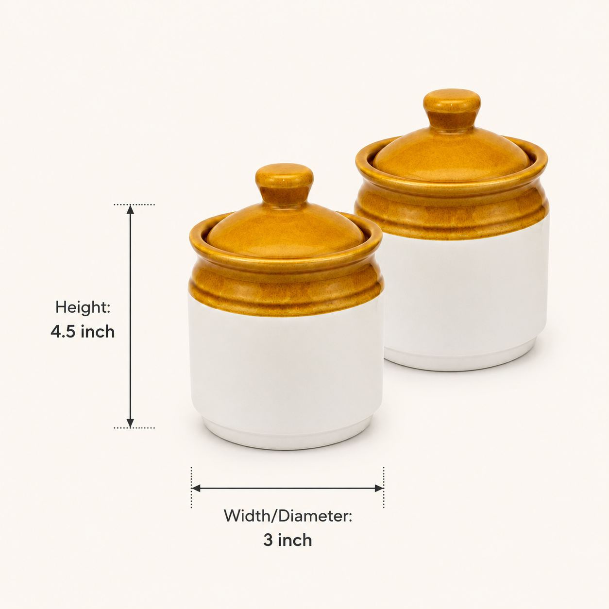 Ceramic Storage Jars with Lids Set of 2 | Mustard & White Kitchen Jars for Tea, Coffee, Sugar & Spices