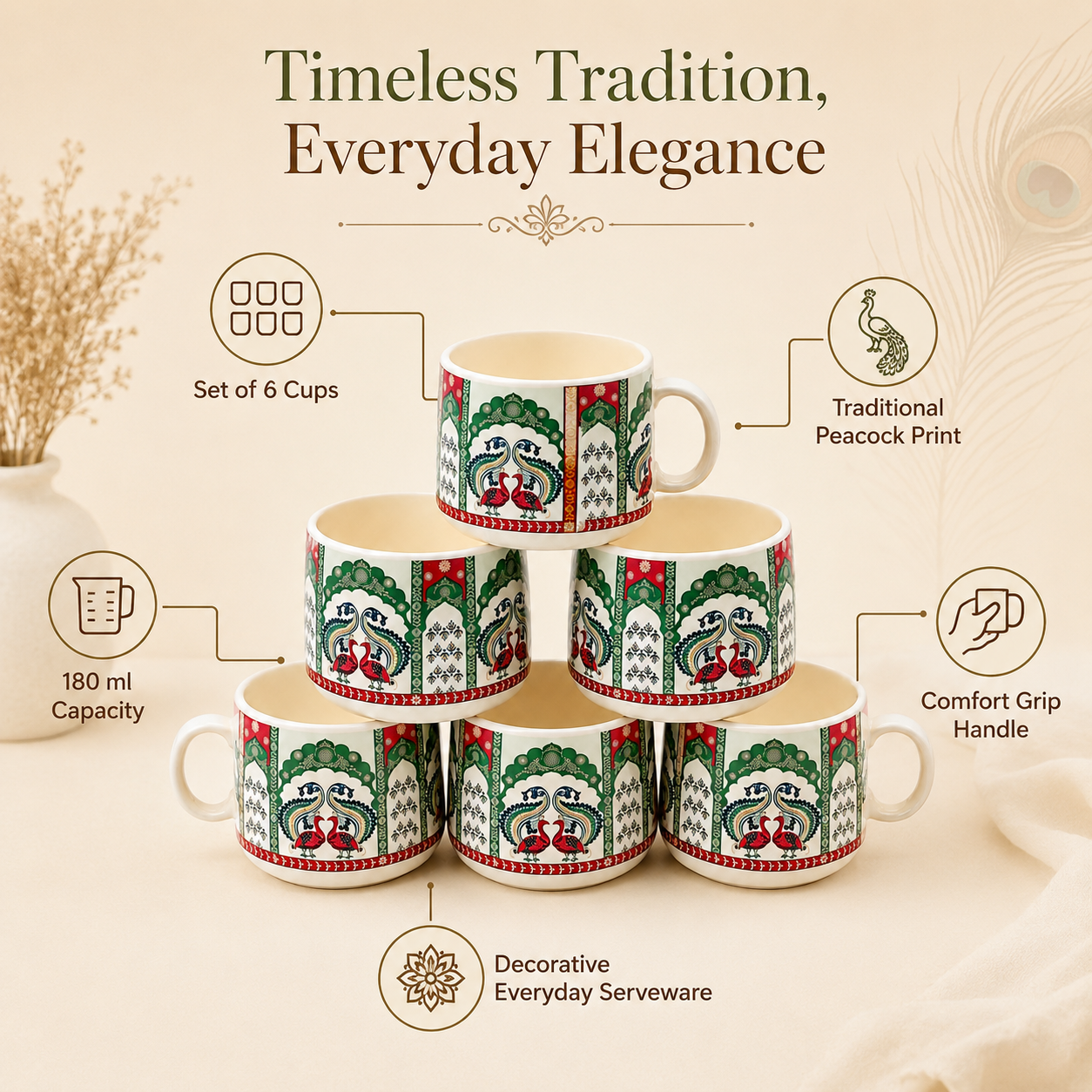 Traditional Peacock Design Ceramic Cup Set of 6 | Designer Tea & Coffee Cups | Ethnic Printed 6-Piece Cup Set
