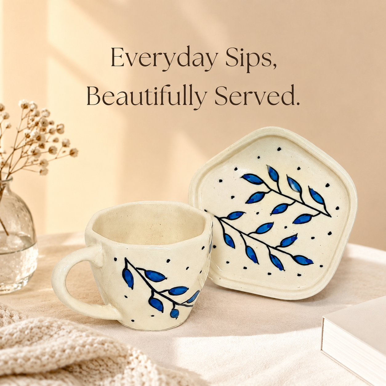 Blue Leaf Ceramic Cup & Saucer Set | Botanical Tea & Coffee Cup with Designer Geometric Saucer