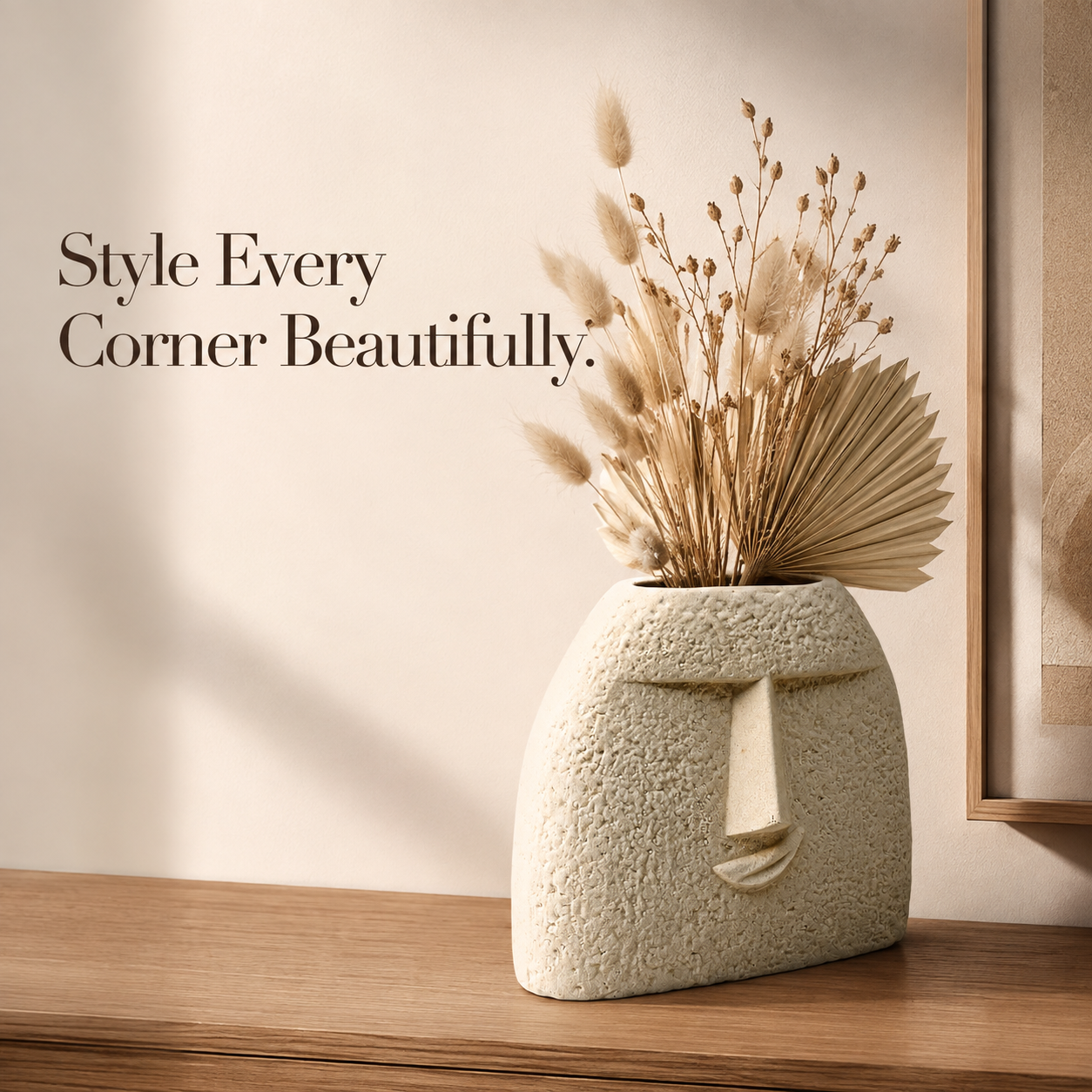 Tall Abstract Face Ceramic Vase – Textured Beige Modern Home Décor Vase | 6.5 Inch