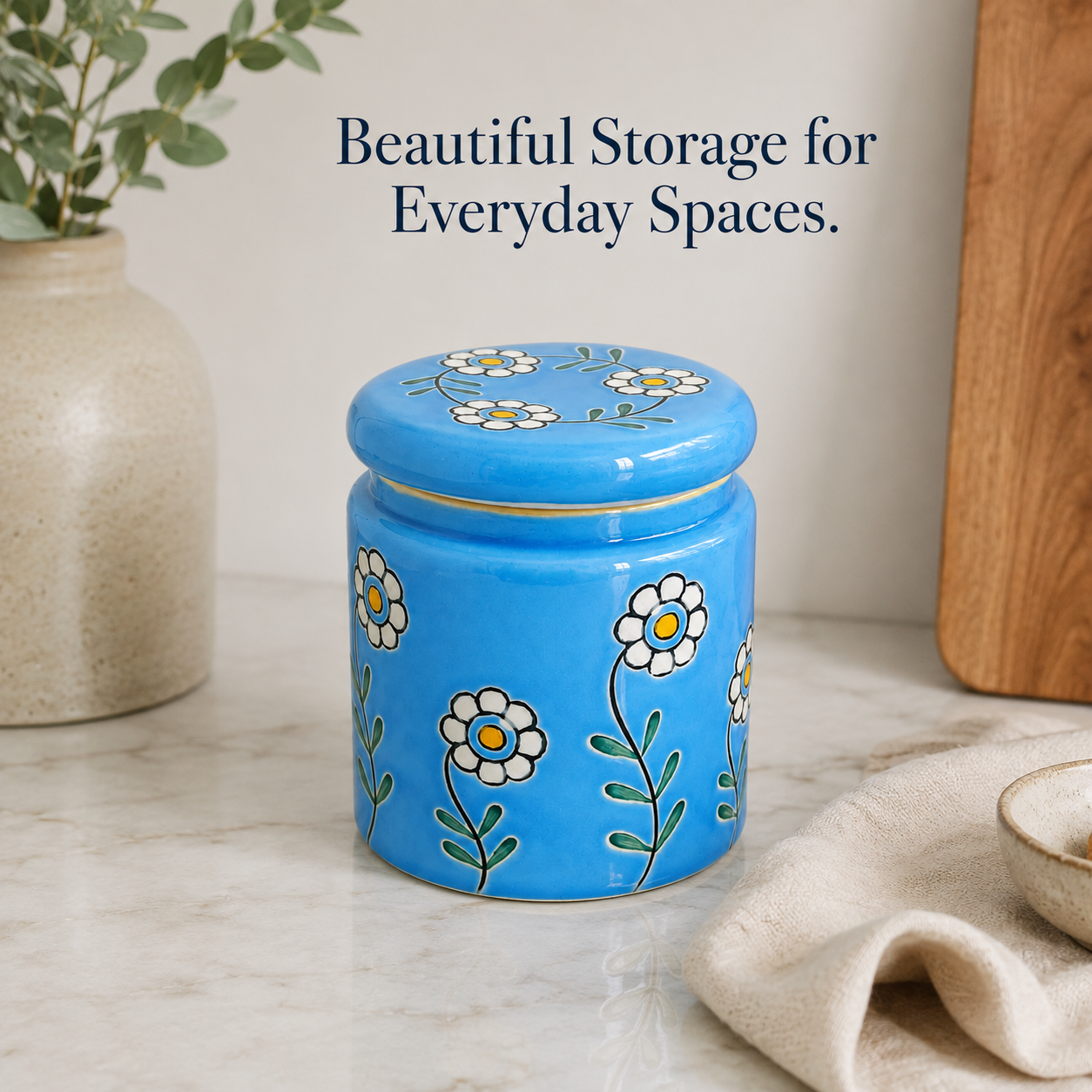 Blue Floral Ceramic Storage Jar with Lid | Decorative Kitchen & Pantry Container