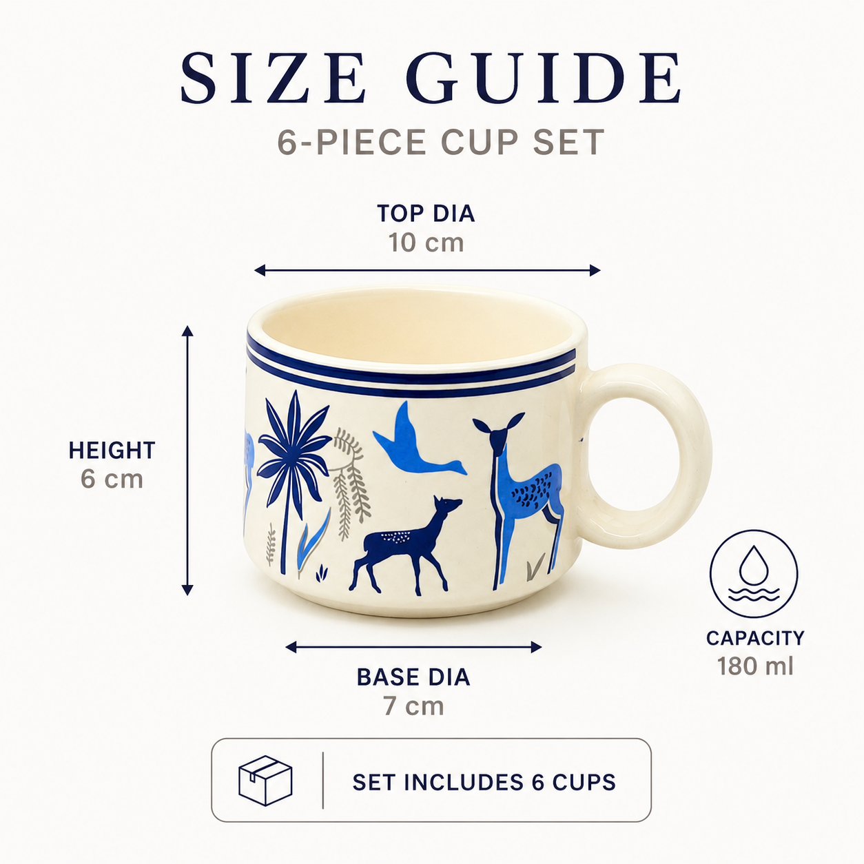 Blue Deer Ceramic Cup Set of 6 | 180 ml Designer Tea & Coffee Cups | Nature-Inspired 6-Piece Cup Set