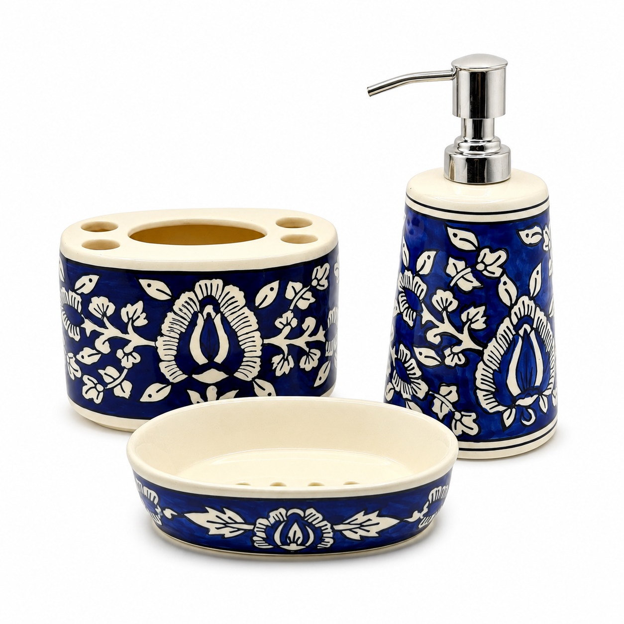 Blue Floral Ceramic Bathroom Accessory Set | 3 Piece Soap Dispenser, Brush Holder & Soap Case