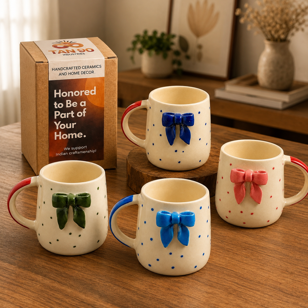Handcrafted Ceramic Bow Mug – Beige & Royal Blue Polka Dot Coffee Mug