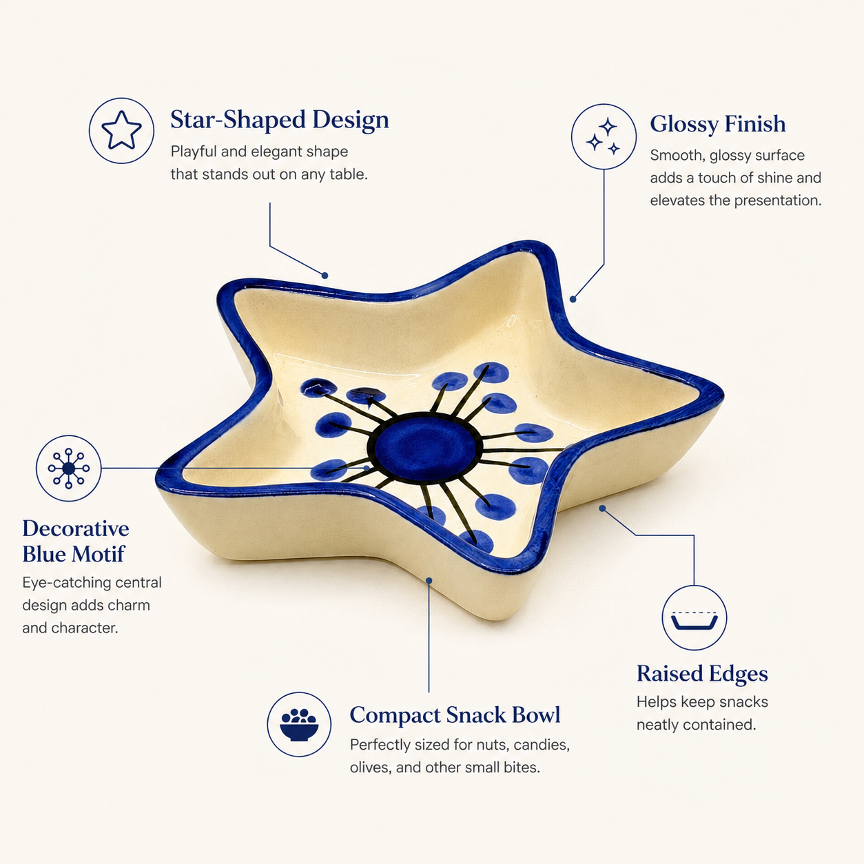 Blue Floral Star Shaped Ceramic Bowl | Artistic Snack & Dry Fruit Serving Bowl