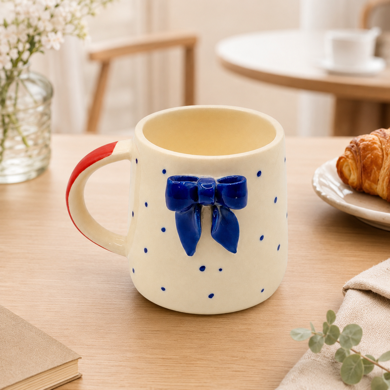 Handcrafted Ceramic Bow Mug – Ivory Beige & Cobalt Blue with Red Handle, Cute Coffee Cup