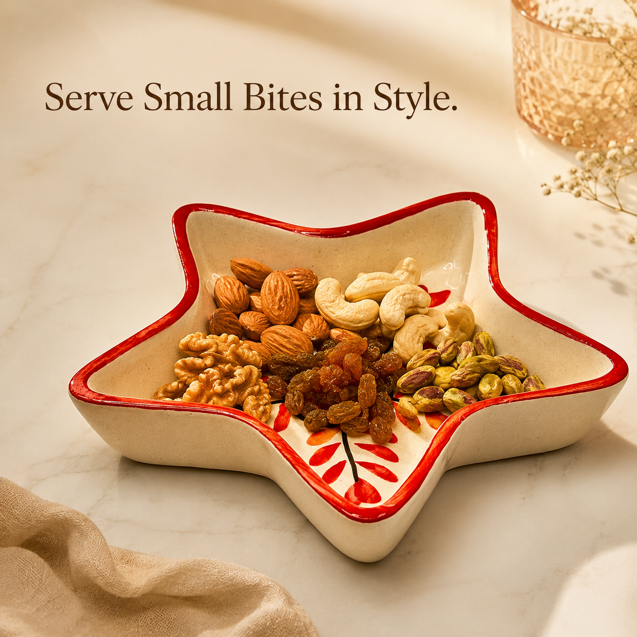 Red Botanical Star Shaped Ceramic Bowl | Decorative Snack & Serving Dish