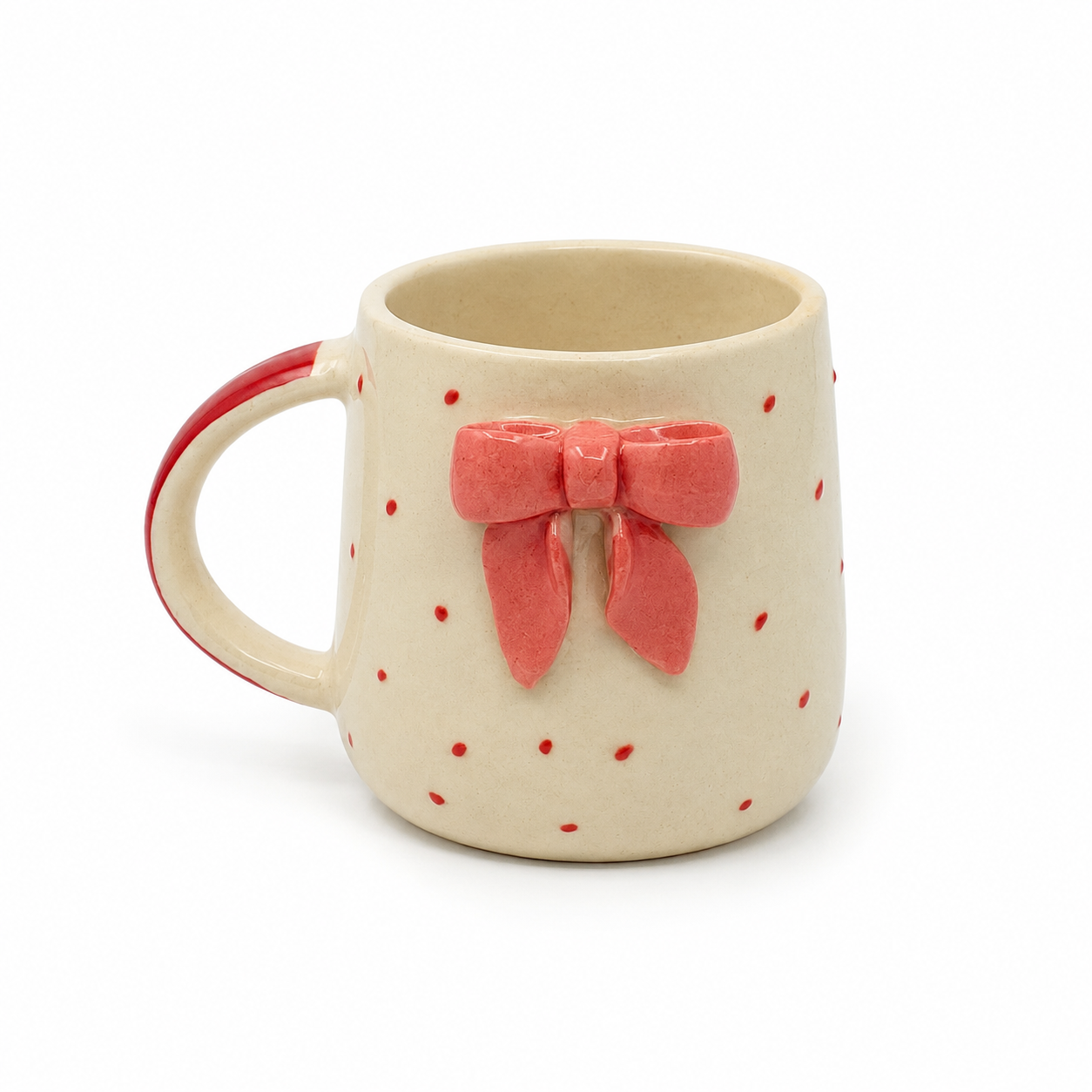 Handcrafted Ceramic Bow Mug – Ivory Beige & Coral Red Polka Dot Coffee Mug