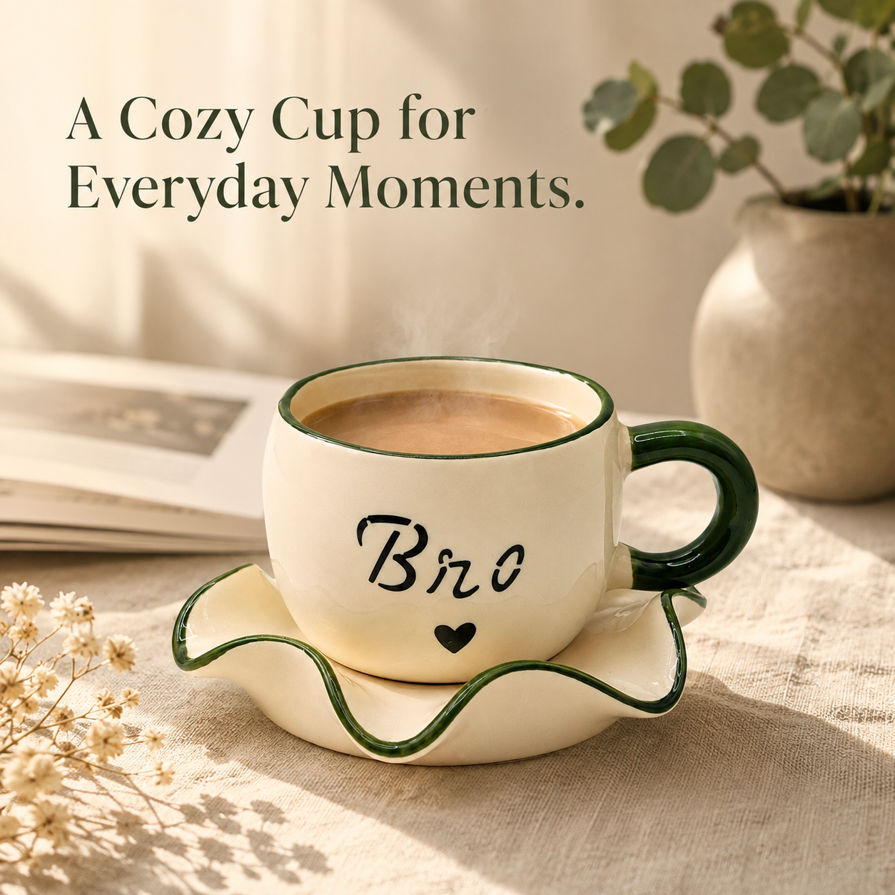 Bro Ceramic Cup & Saucer Set with Green Rim | Unique Coffee & Tea Gift for Him