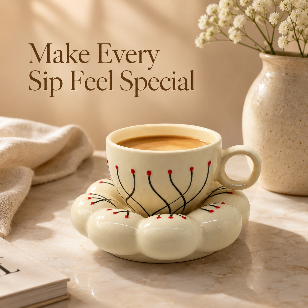 Hand-Painted Floral Ceramic Cup & Saucer Set | Aesthetic Tea & Coffee Cup with Flower-Shaped Saucer