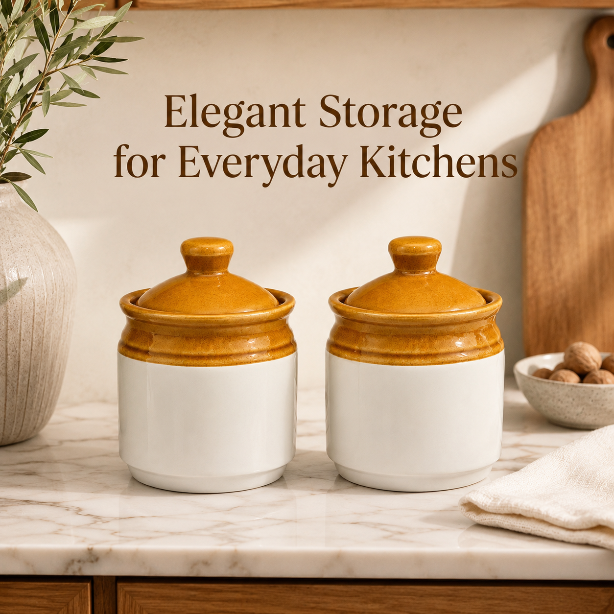 Ceramic Storage Jars with Lids Set of 2 | Mustard & White Kitchen Jars for Tea, Coffee, Sugar & Spices
