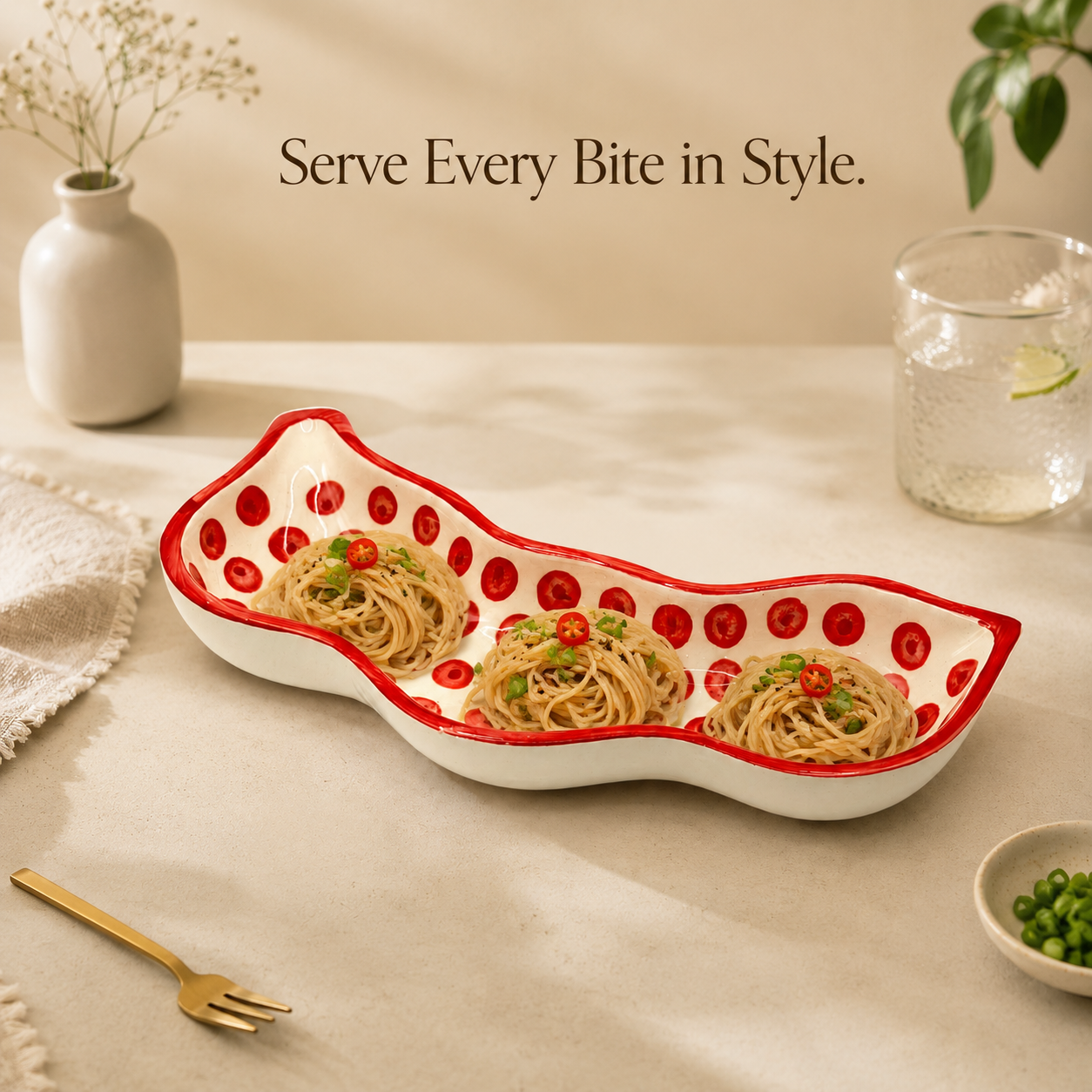 Red Polka Dot Ceramic Serving Platter | Wavy Snack, Appetizer & Dry Fruit Dish